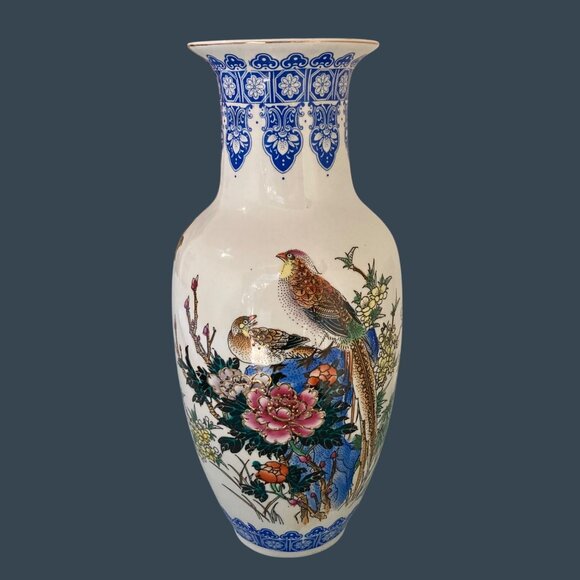 Vintage Asian Porcelain Vase With Bird Pheasant Floral - Picture 1 of 8